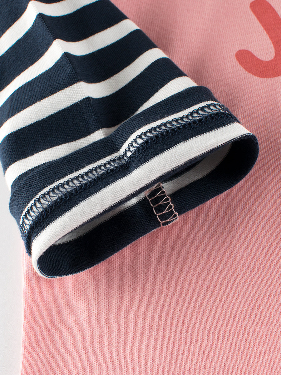 Autumn Arrival Kids Girls Animals Cartoon and Letters Print Crew Neck Striped Long Sleeves Sweatshirt-1