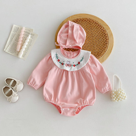 Autumn Arrival Baby Girls Long Sleeves Rabbit Embroidery Collar Pink Onesies-0