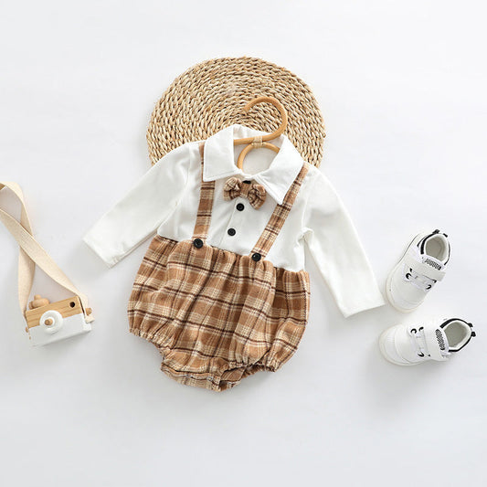 Baby Plaid Pattern False One Pieces Design Bow Tie Decoration Bodysuit-0