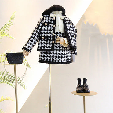 Girls Houndstooth Pattern Single Breasted Cardigan&Skirt Elegant Style Sets-1