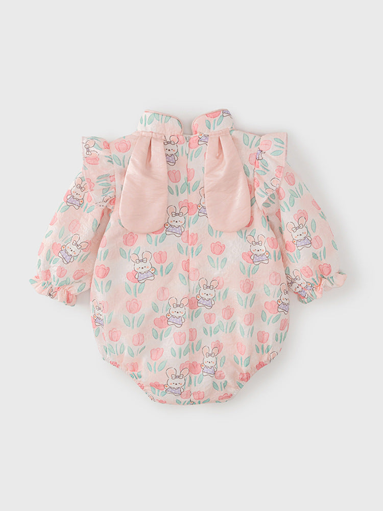 Autumn New Arrival Baby Girls Flowers and Rabbits Pattern Long Sleeves Onesies with Stand Collar-1