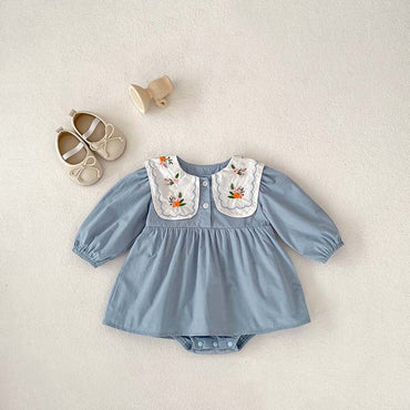 Autumn Arrival Baby Girls Long Sleeves Flowers Embroidered Pattern Crew Neck Onesies Dress-1