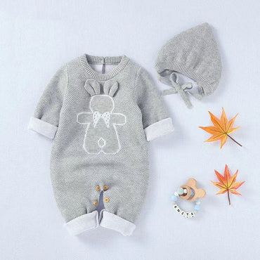 Baby Cartoon Bunny Embroidered Graphic Solid Warm Rompers With Hat-1