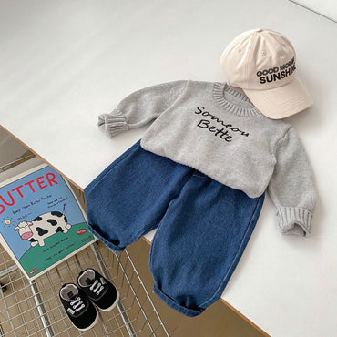 Autumn Baby Kids Boys Letters Embroidery Pattern Knitted Crew Neck Pullover and Denim Pants Clothing Set-1