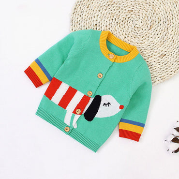 Baby Cartoon Dog Pattern Colorful Contrast Design Cardigan-1