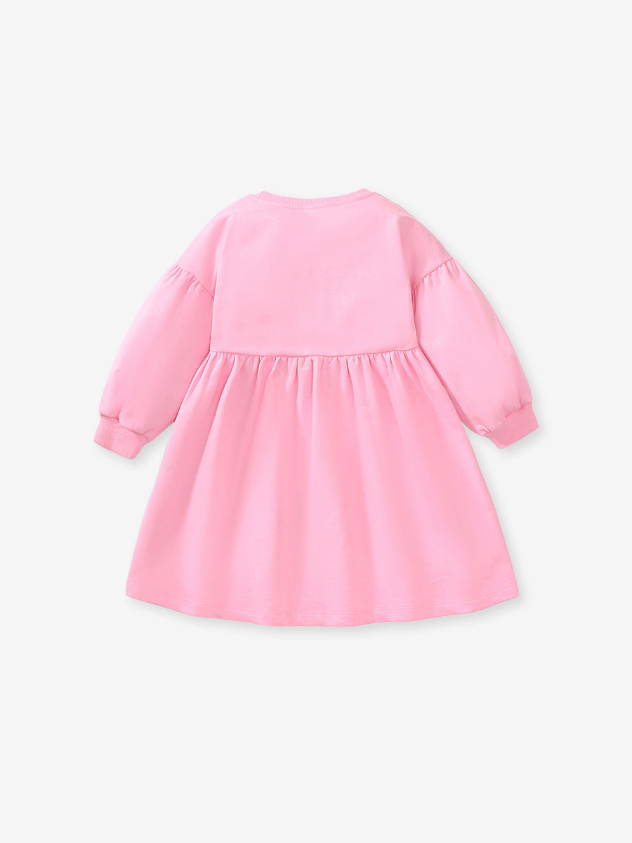 New Arrival Autumn Girls Long Sleeves Flowers And Rabbit Pattern Crew Neck Dress