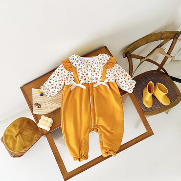 Baby Girl Ditsy Flower Pattern False Design Thickened Thermal Jumpsuit-1