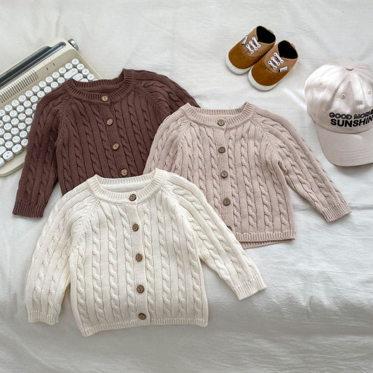 Autumn Arrival Baby Kids Unisex Comfortable Solid Color Jacquard Pattern Knitted Long Sleeves Cardigan-0