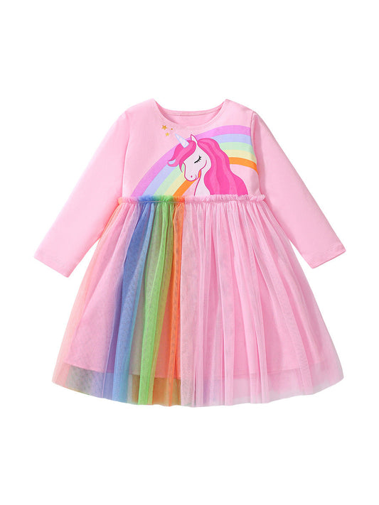 Design Autumn Girls Unicorn Cartoon Pattern Crew Neck Long Sleeves Rainbow Colorful Tulle Patchwork Dress-0
