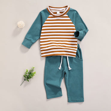 Baby Striped Pattern Contrast Design Hoodies Combo Solid Pants Sets-1