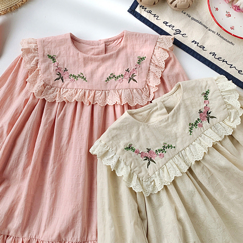 Autumn Kids Girls Vintage Flowers Embroidered Long Sleeves Dress