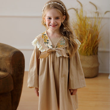 Arrival Autumn Girls Artsy Flowers Embroidery Pattern Collar Long Sleeves Stylish Dress-1