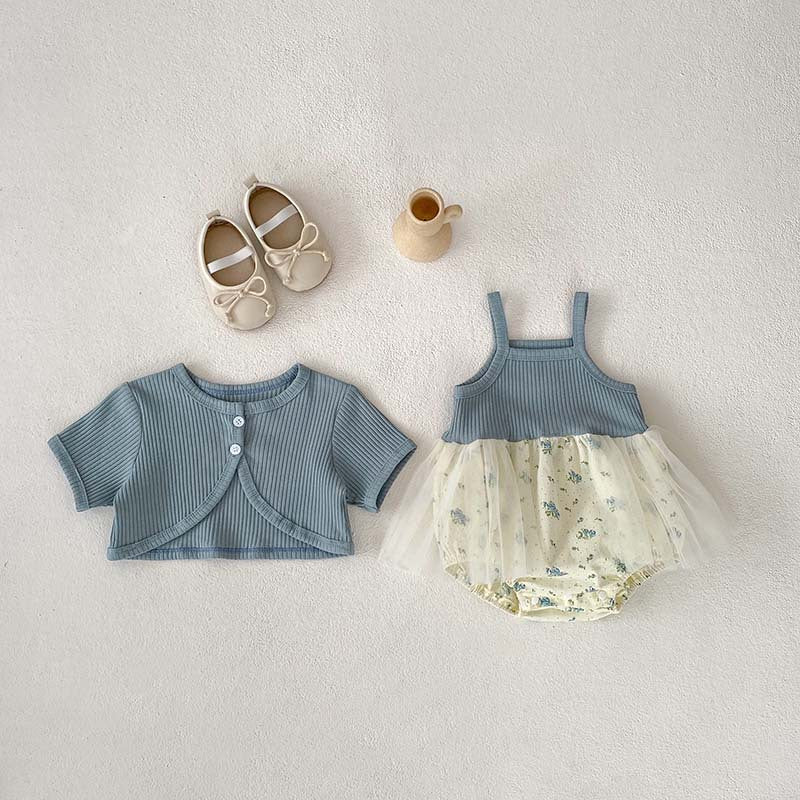 New Arrival Summer Baby Kids Girls Solid Color Short Sleeves Cardigan And Sleeveless Strap Tulle Onesies – Sister Matching Set
