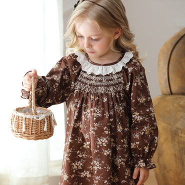 Arrival Autumn Girls Vintage Ruffle Collar Long Sleeves Floral Pattern Dress-1