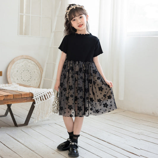 Solid Black Short Sleeve Mesh Dress For Children Girl-0