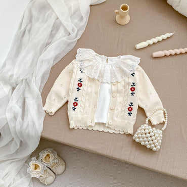 Autumn Arrival Baby Kids Girls Comfortable Floral Pattern Embroidered Knitted Long Sleeves Cardigan-1