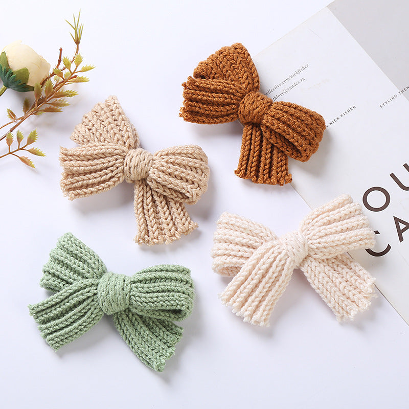 Baby 2 pc. Solid Color Big Knitted Bow Handmade Hairpin-1