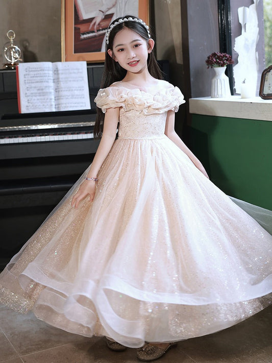 Champagne Tulle Hostess One-Shoulder Evening Gown For Girls: Perfect Attire For Piano Performances-0