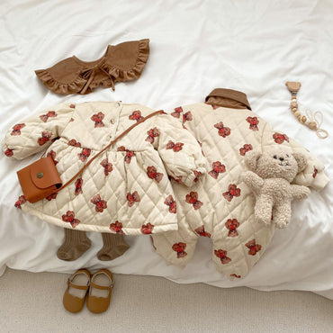 Baby Cartoon Bear Graphic Cute Style Quilted Warm Long Sleeve Dress & Jumpsuit-1