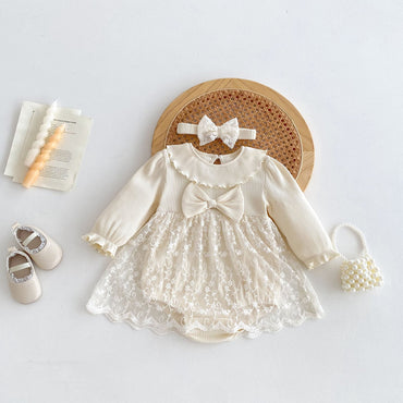 Autumn Arrival Baby Girls Long Sleeves Floral Embroidery Tulle Onesies Dress-1
