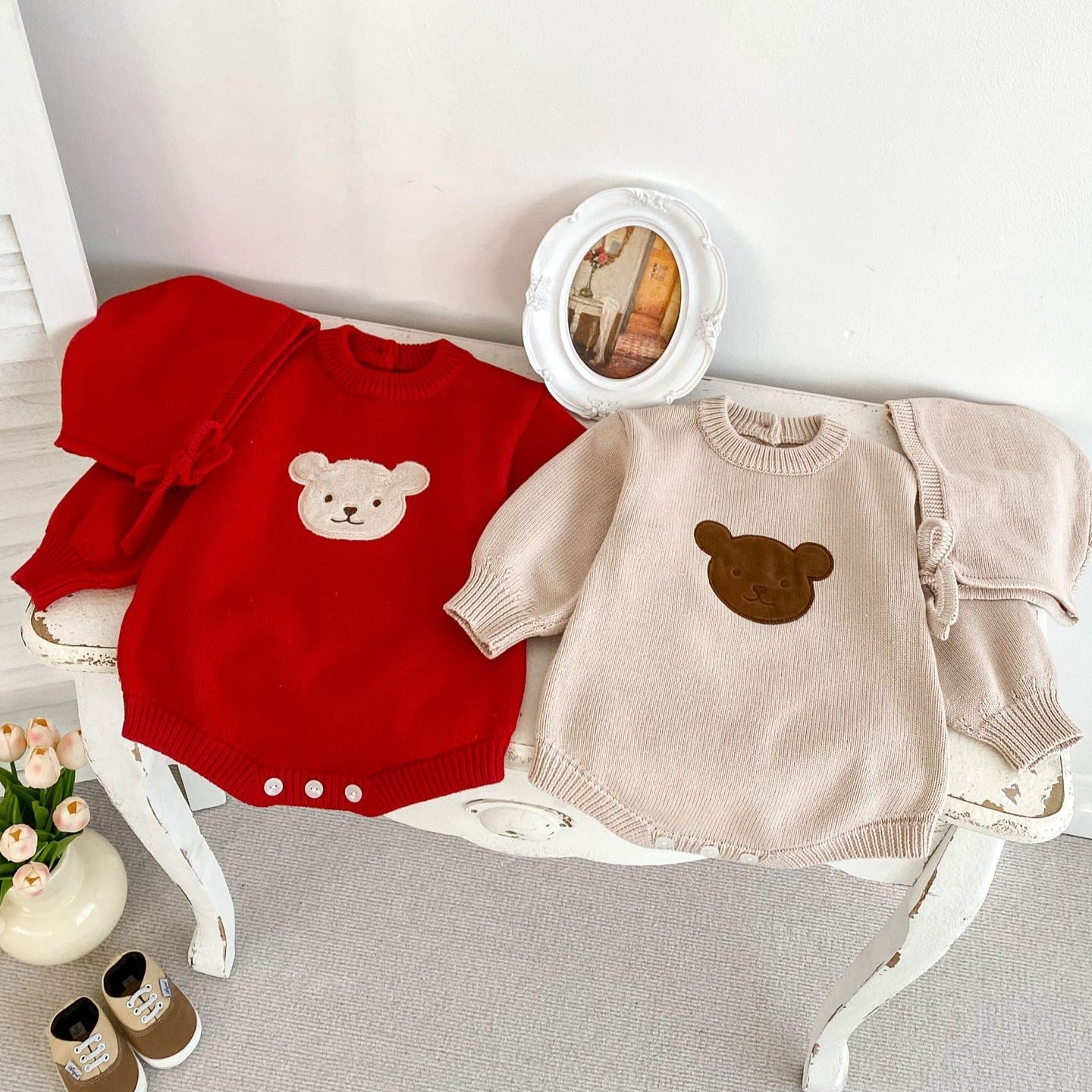 Autumn Design Baby Unisex Teddy Bear Pattern Long Sleeves Crew Neck Knitted Onesies with Hat-0
