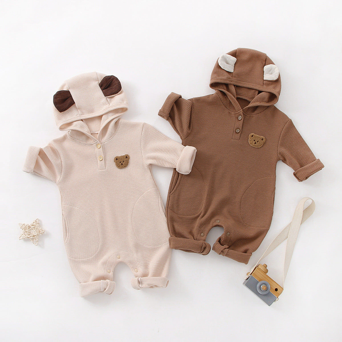Baby Cartoon Bear Embroidered Pattern Waffle Fabric Long Sleeve Romper