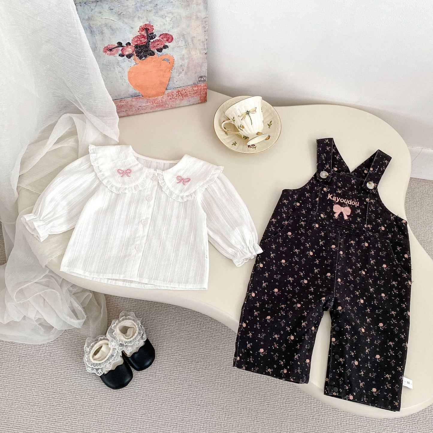 Arrival Spring Girls Long Sleeves Striped Embroidery Top Shirt and Sleeveless Floral Overalls Set Clothing Set-2