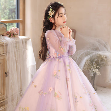 Princess Purple Birthday Dress For Girls: Luxurious Long-Sleeved Piano Performance Attire, Perfect For Spring Celebrations-1