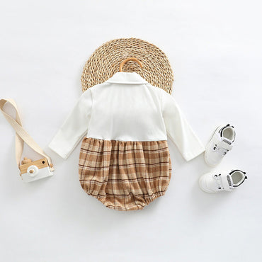 Baby Plaid Pattern False One Pieces Design Bow Tie Decoration Bodysuit-1