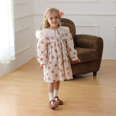 Design Autumn Girls Fashion Floral Long Sleeves Square Collar Dress-1