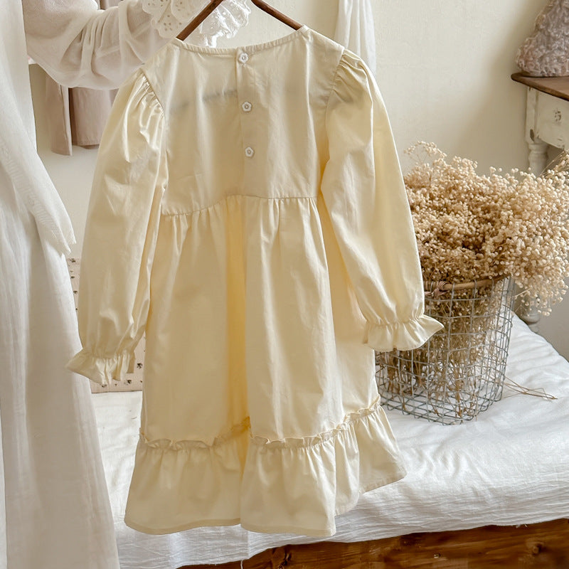 Arrival Autumn Girls French Style Crew Neck Long Sleeves Floral Embroidery Pattern Dress-2