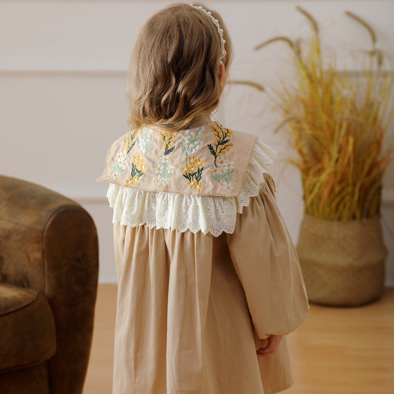 Arrival Autumn Girls Artsy Flowers Embroidery Pattern Collar Long Sleeves Stylish Dress-2