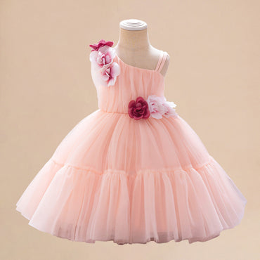 Summer Baby Kids Girls Princess Sleeveless 3D Flowers Birthday Tulle Dress-1