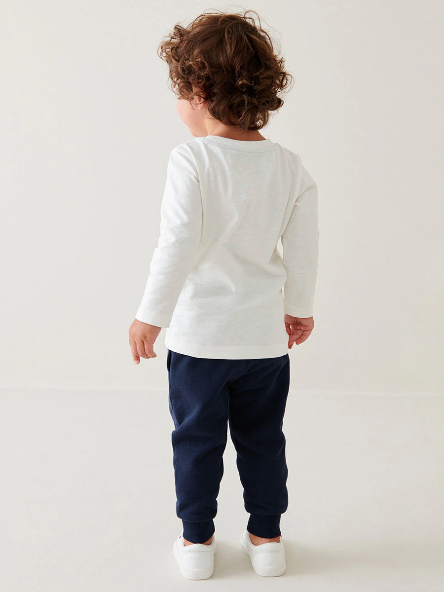 Spring And Autumn Boys Cartoon Vehicles Pattern Long Sleeves Top T-Shirt And Solid Color Pants Clothing Set-4