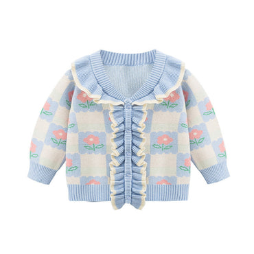 Baby Girl Flower Graphic Mesh Design V-Neck Knit Cardigan-1