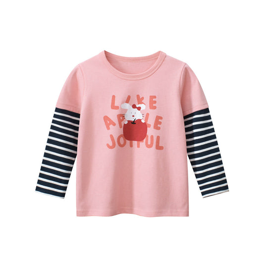Autumn Arrival Kids Girls Animals Cartoon and Letters Print Crew Neck Striped Long Sleeves Sweatshirt-0