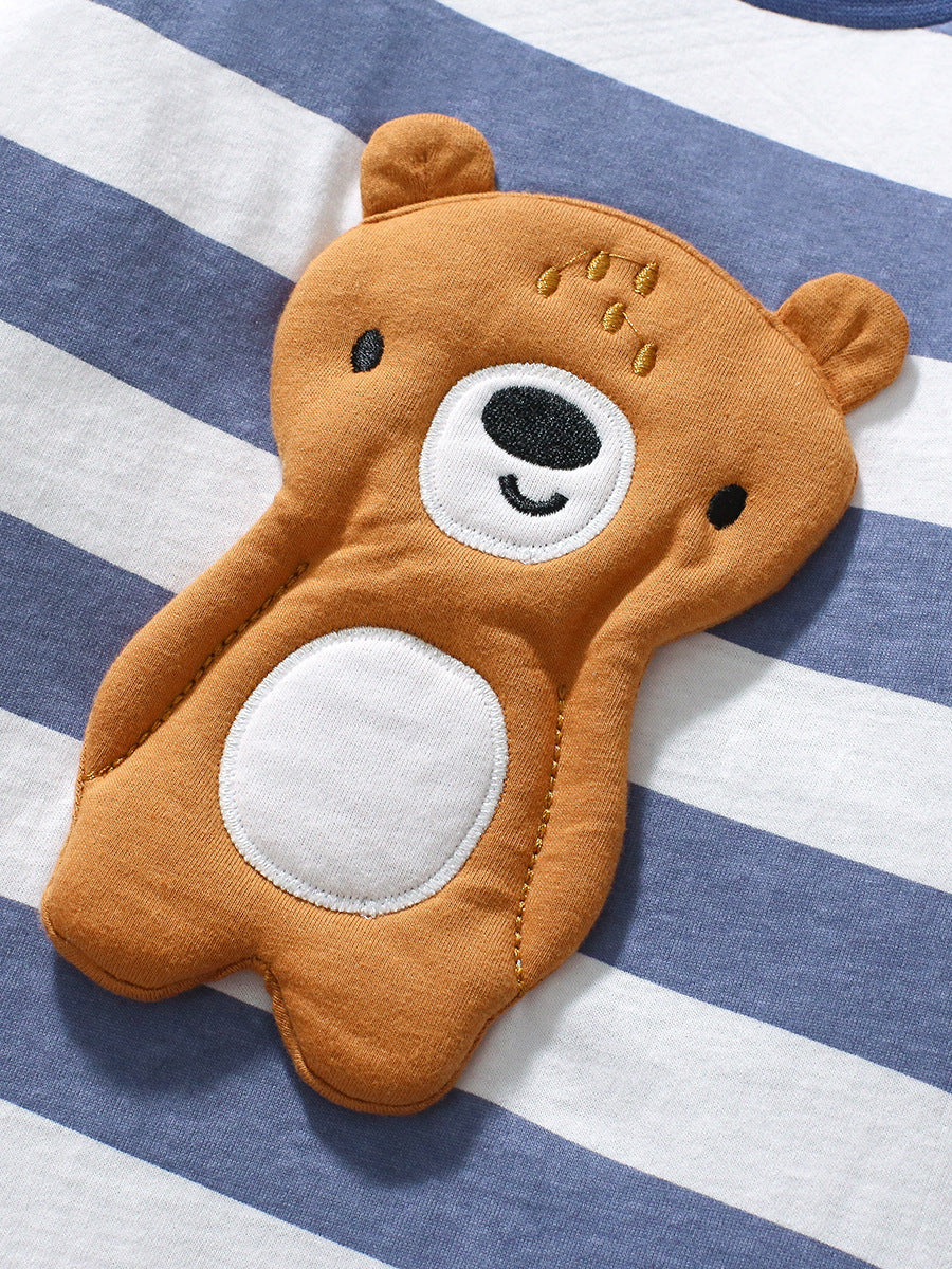 Arrival Autumn Girls’ 3D Teddy Bear Long Sleeves Striped T-shirt in European and American Style-4