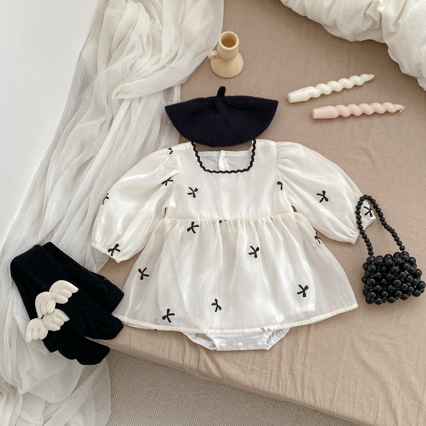 Autumn Bows Pattern Embroidery Design Long Sleeve Square Neck Onesies Dress for Girls-2