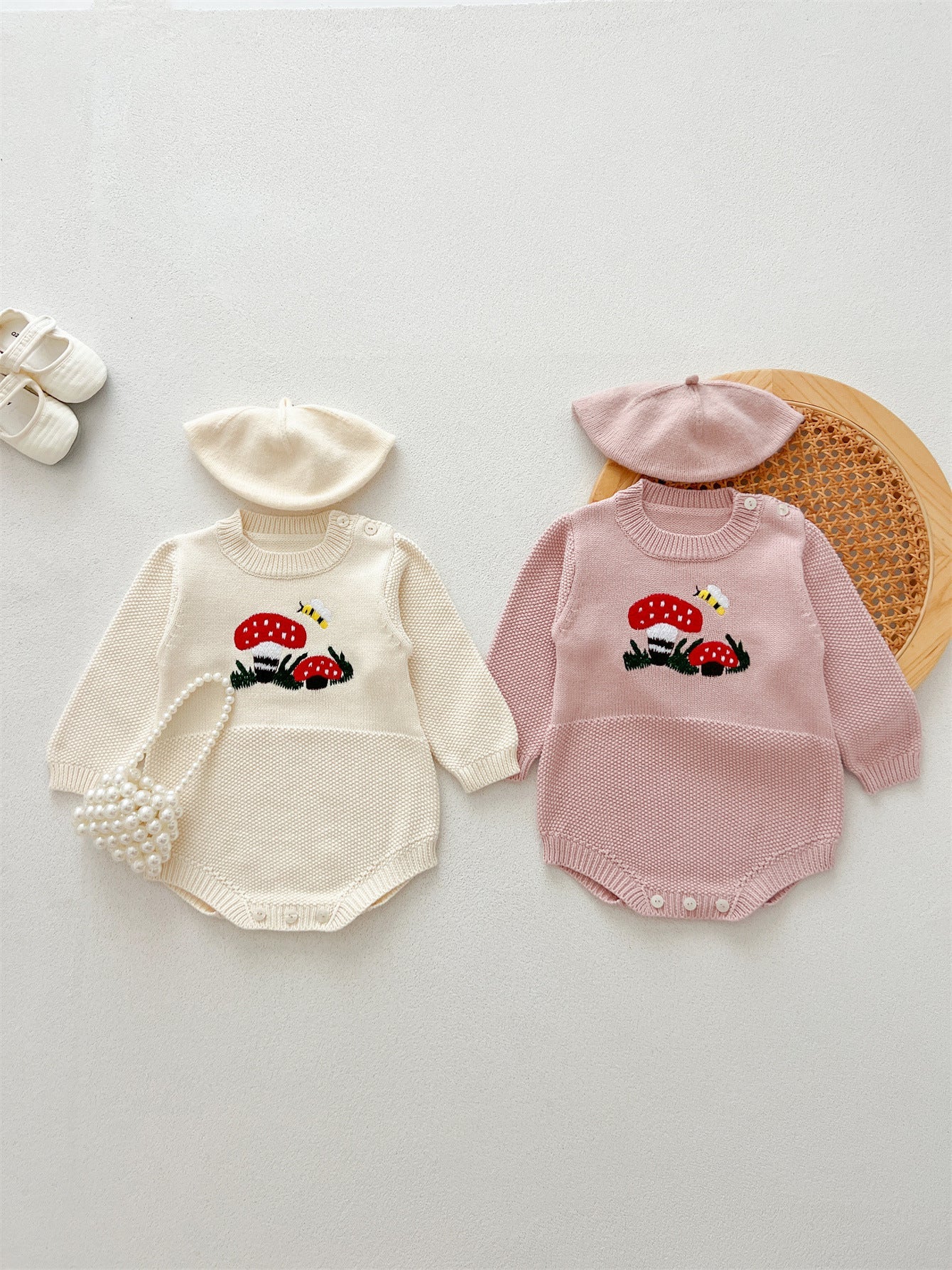 Autumn Arrival Baby Girls Long Sleeves Mushrooms Embroidered Crew Neck Onesies-4