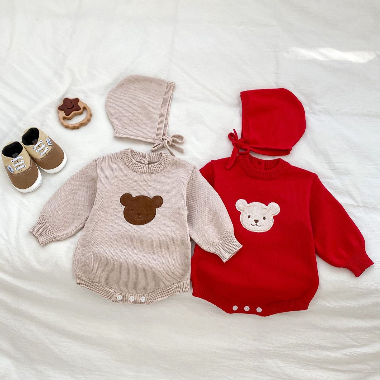 Autumn Design Baby Unisex Teddy Bear Pattern Long Sleeves Crew Neck Knitted Onesies with Hat-3