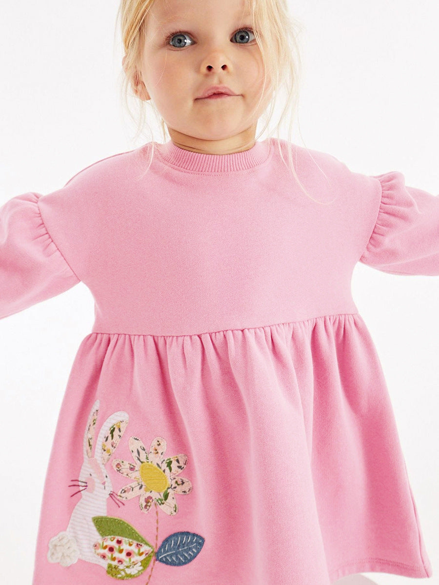 New Arrival Autumn Girls Long Sleeves Flowers And Rabbit Pattern Crew Neck Dress