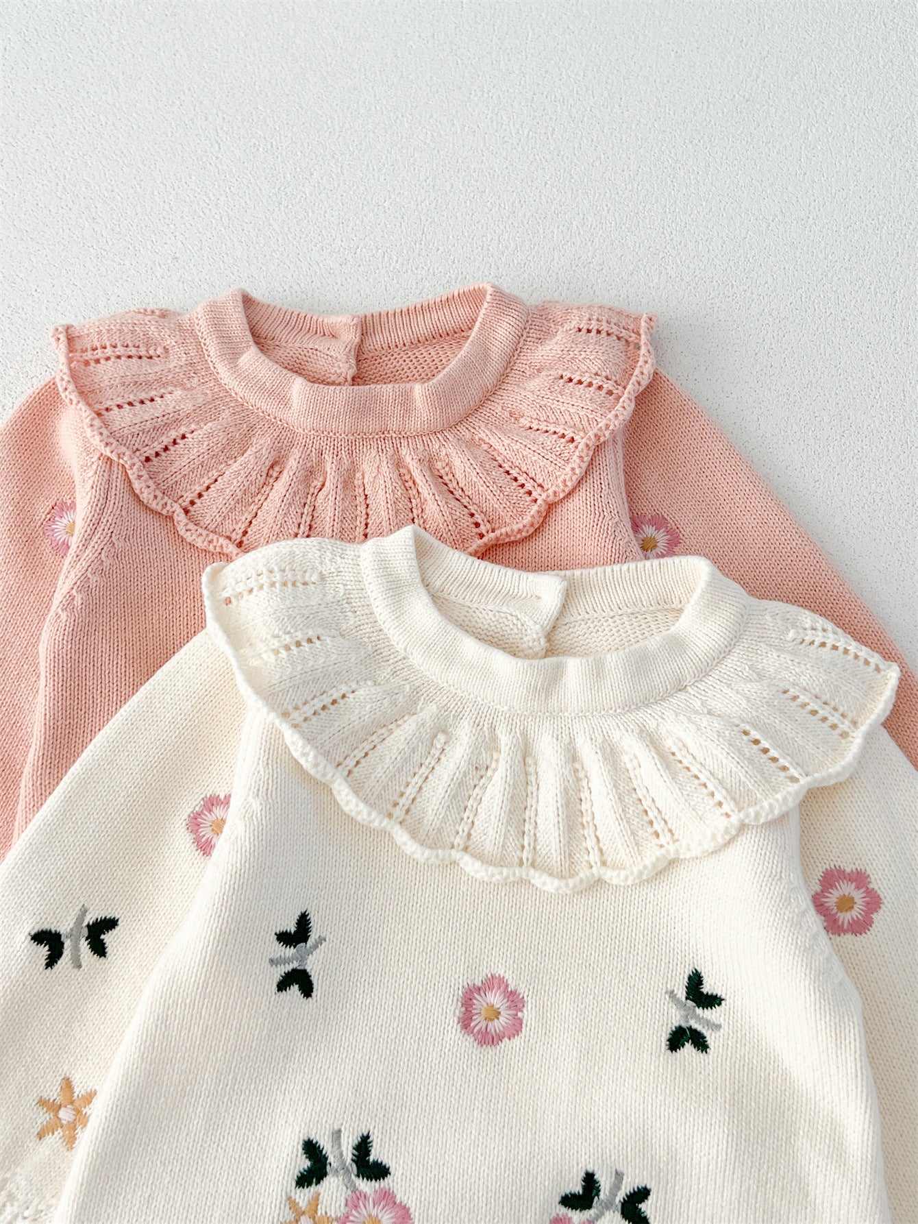 Autumn Arrival Baby Girls Flowers and Butterfly Embroidery Pattern Long Sleeves Onesies with Collar-4