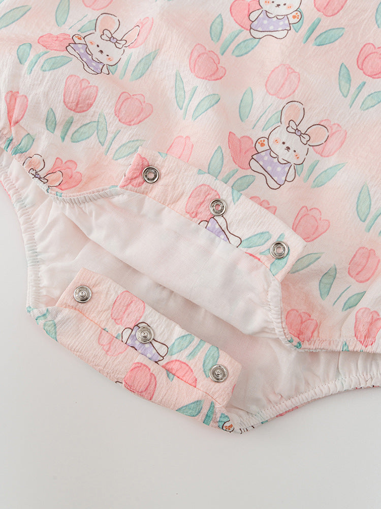 Autumn New Arrival Baby Girls Flowers and Rabbits Pattern Long Sleeves Onesies with Stand Collar-2