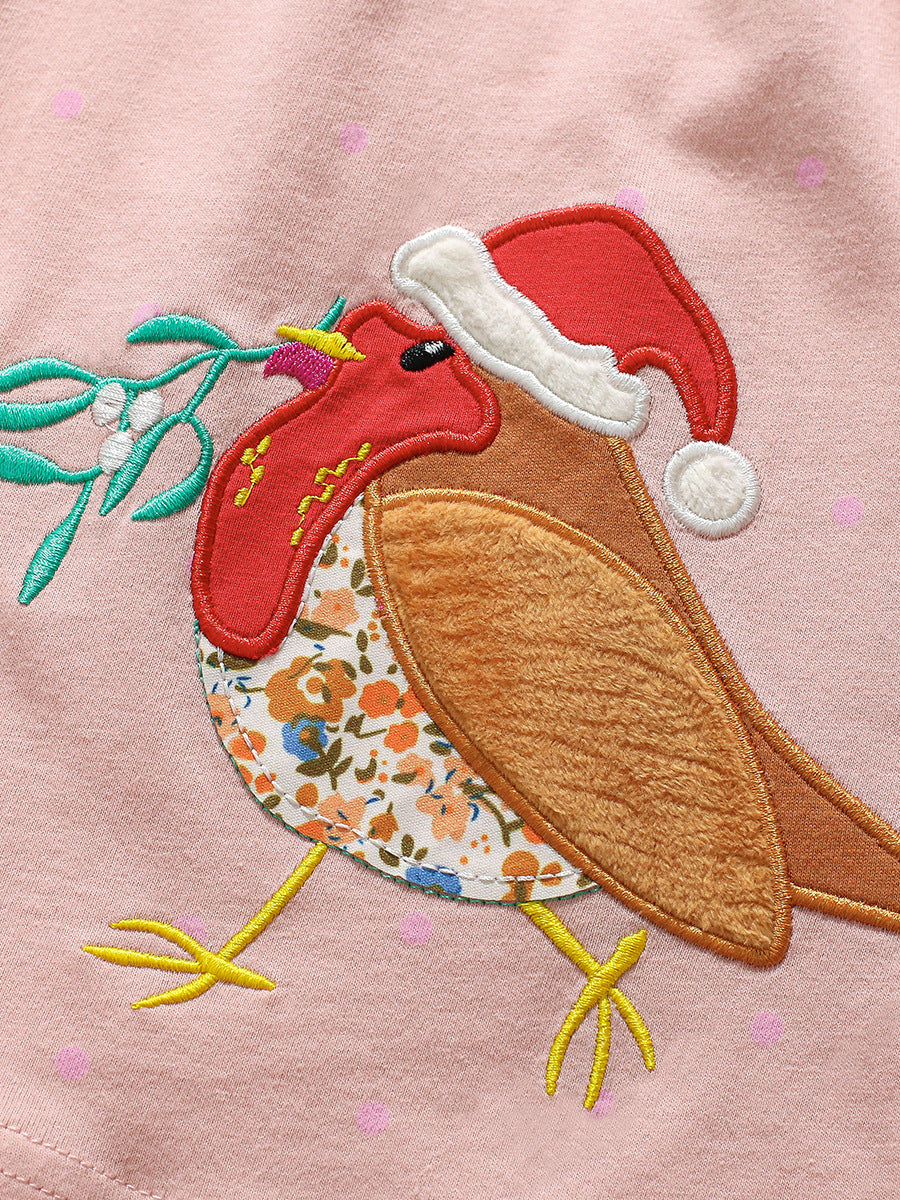 High Quality Autumn Girls Long Sleeves Sparrow Bird Pattern Crew Neck Long Sleeves Dress-3