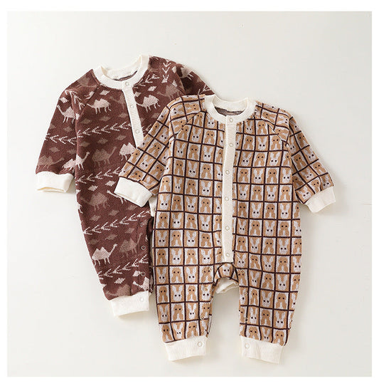 Autumn Arrival Baby Kids Unisex Comfortable Animals and Geometric Pattern Knitted Long Sleeves Rompers-0