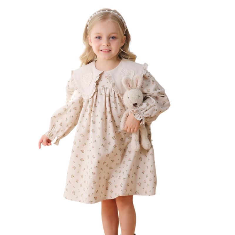 Arrival Autumn Girls Heart Embroidery Pattern Collar Long Sleeves Floral Dress-3