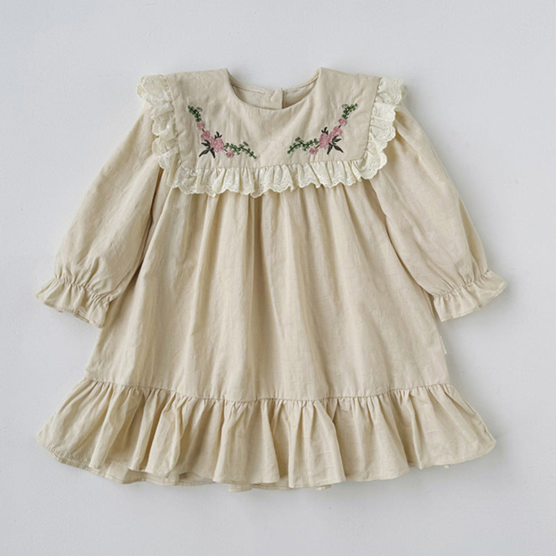 Autumn Kids Girls Vintage Flowers Embroidered Long Sleeves Dress