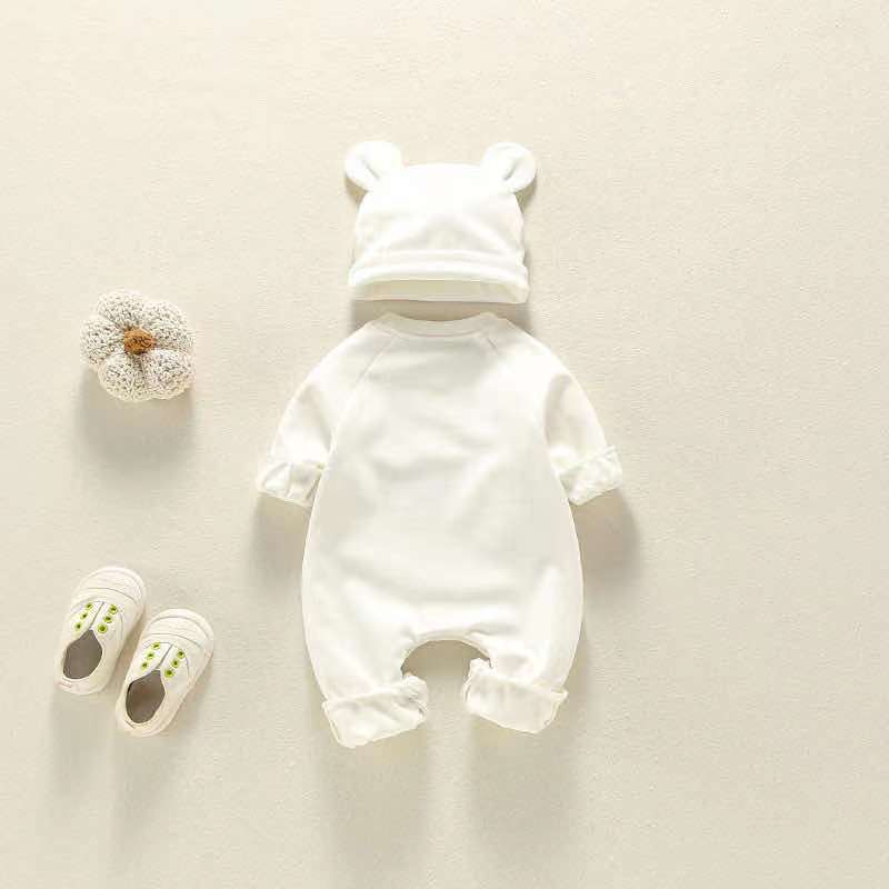 Baby Girl Bear Print Pattern Solid Color Long-Sleeved Rompers With Hat In Spring & Autumn-3