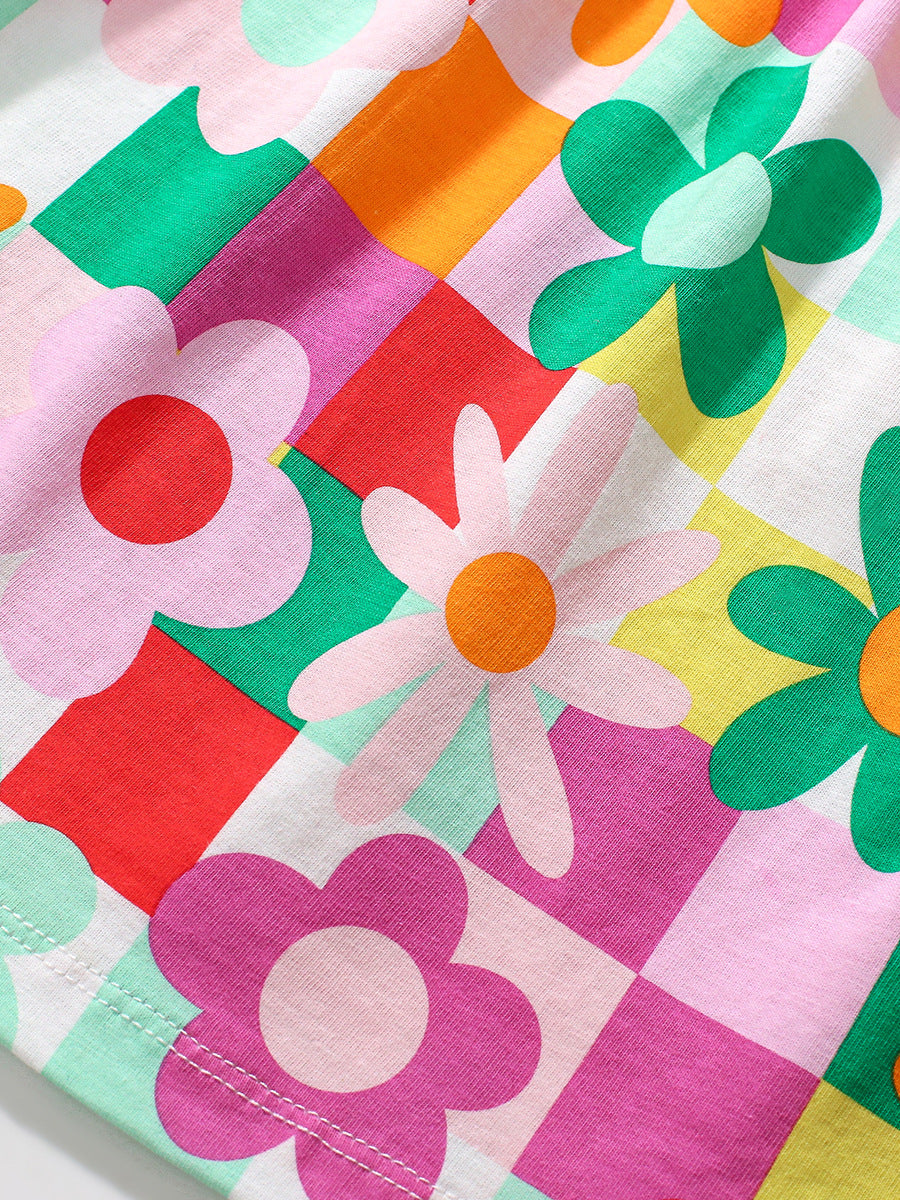 Design Autumn Girls Vivid Floral And Plaid Pattern Patchwork Long Sleeves Dress-4