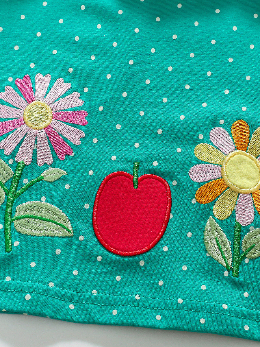 Design Autumn Girls Fruits And Flowers Pattern Crew Neck Long Sleeves Green Dress-4